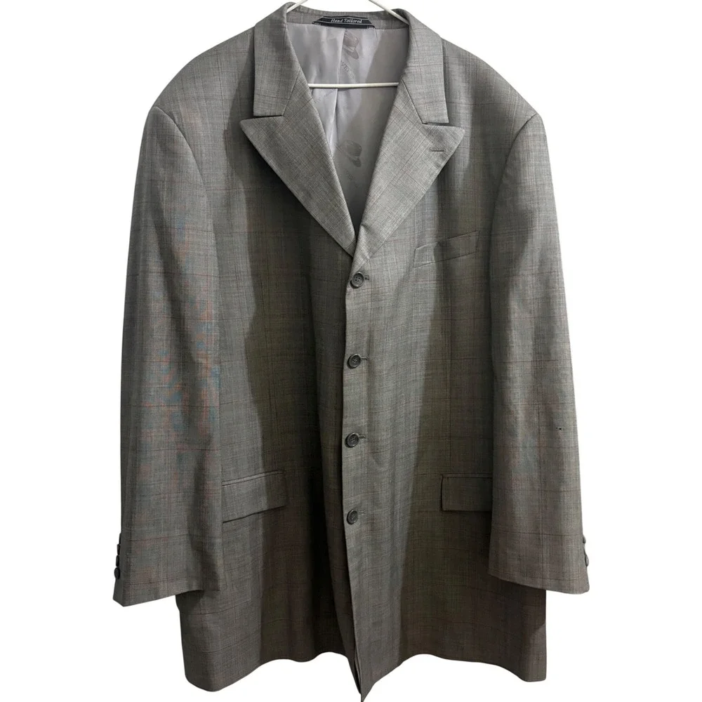 Steve Harvey Collection Grey Glen Plaid 100% Wool 4 Button Suit 52L 42W Mens